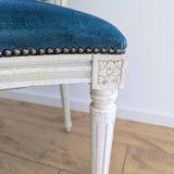 Vintage Louis XVI style chair in petrol blue velvet and patinated wood