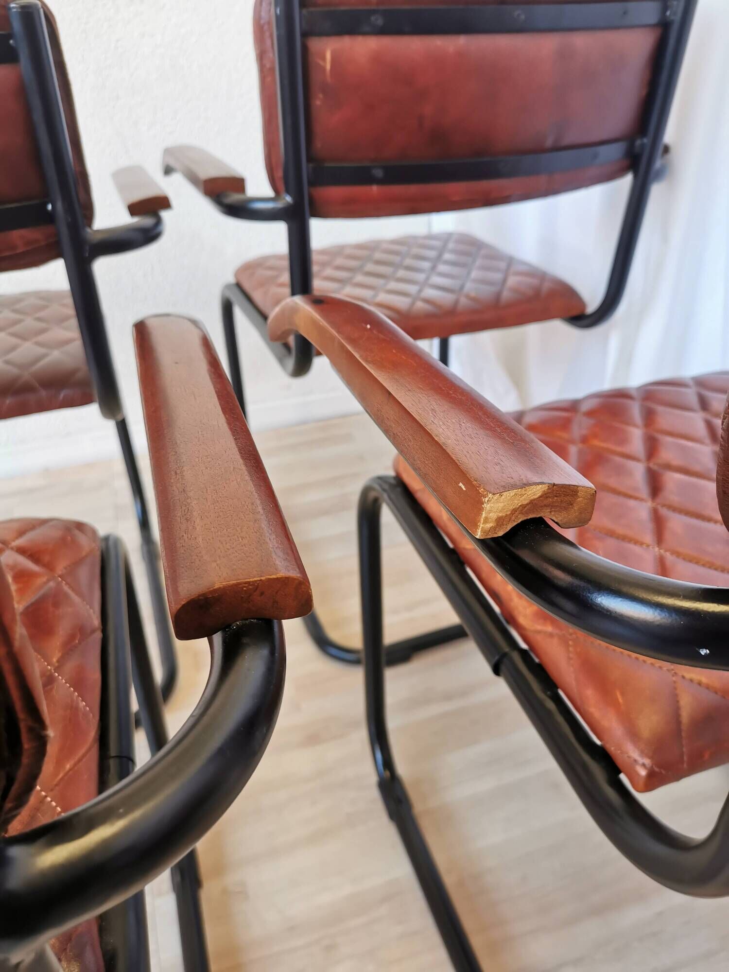 Set of 6 Vintage Cognac Leather Dining Chairs: Quilted Industrial Armchair