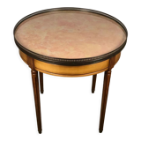 Table bouillotte de style Louis XVI en placage merisier à dessus marbre saumoné