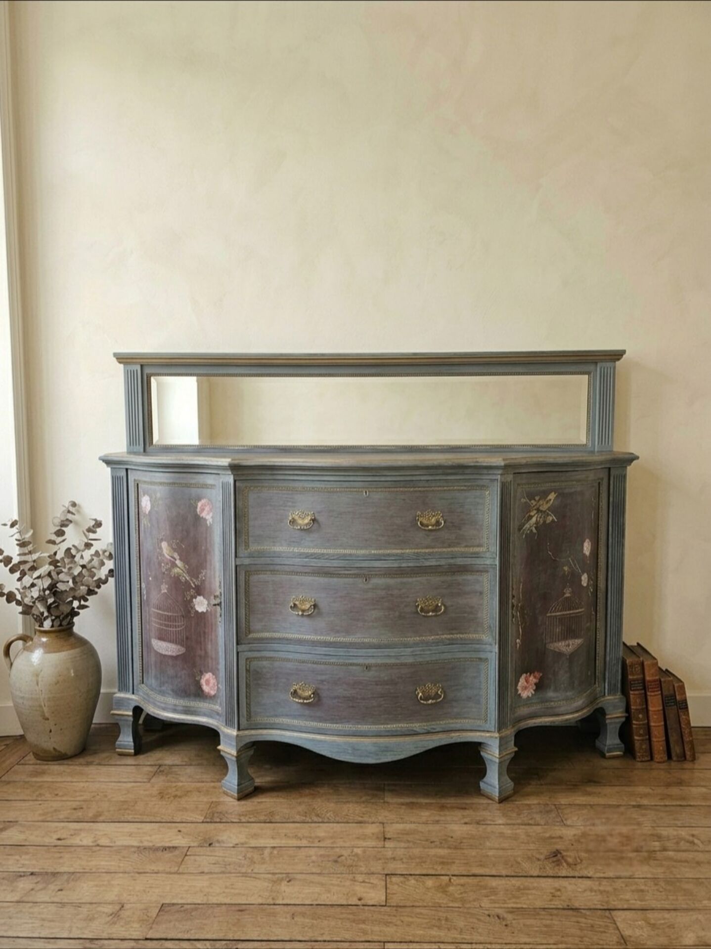 Antique English wooden commode with mirror.