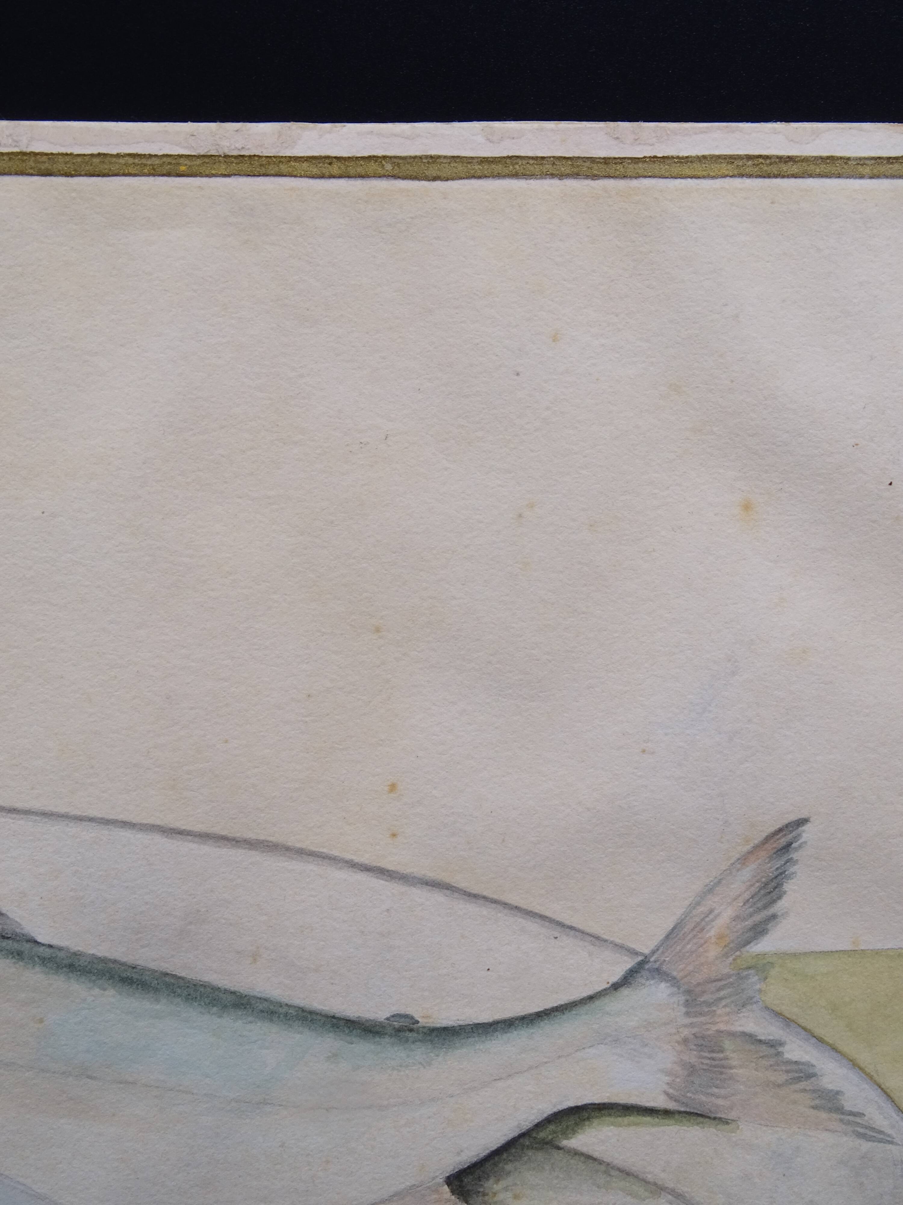 Still life with Pisces, lemon and knife by Louis Chavannes - Watercolor dated 1945