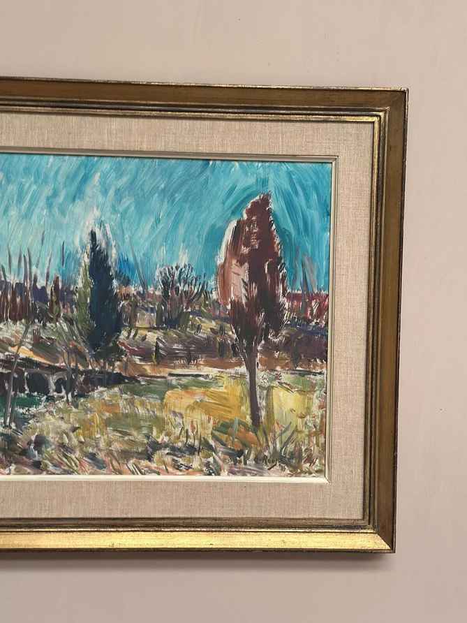 Huile su panneau suédoise – “Landskap” par A. Roos – Signée – Vintage