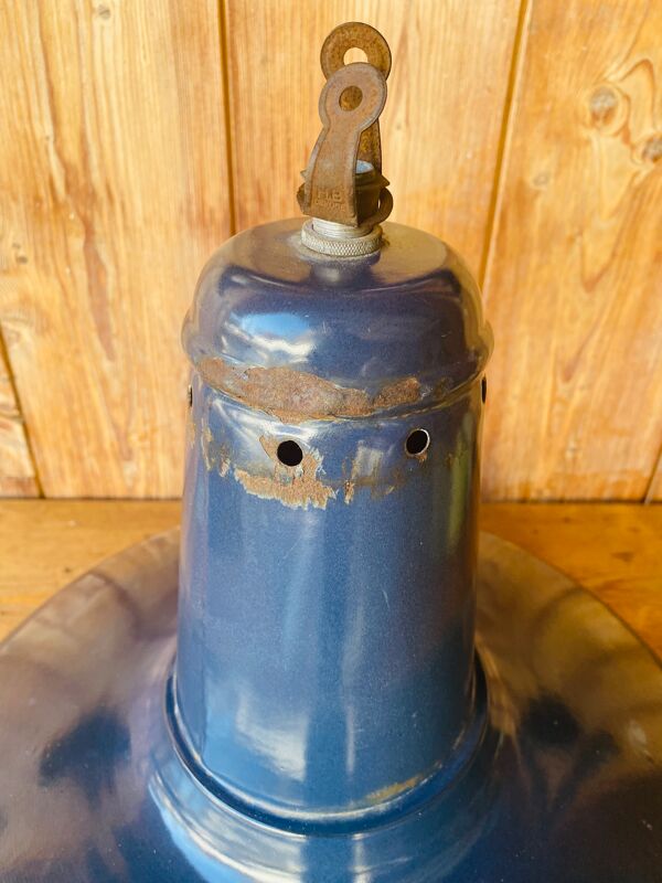 Suspension d'atelier en tôle emaillée bleue interieur blanc