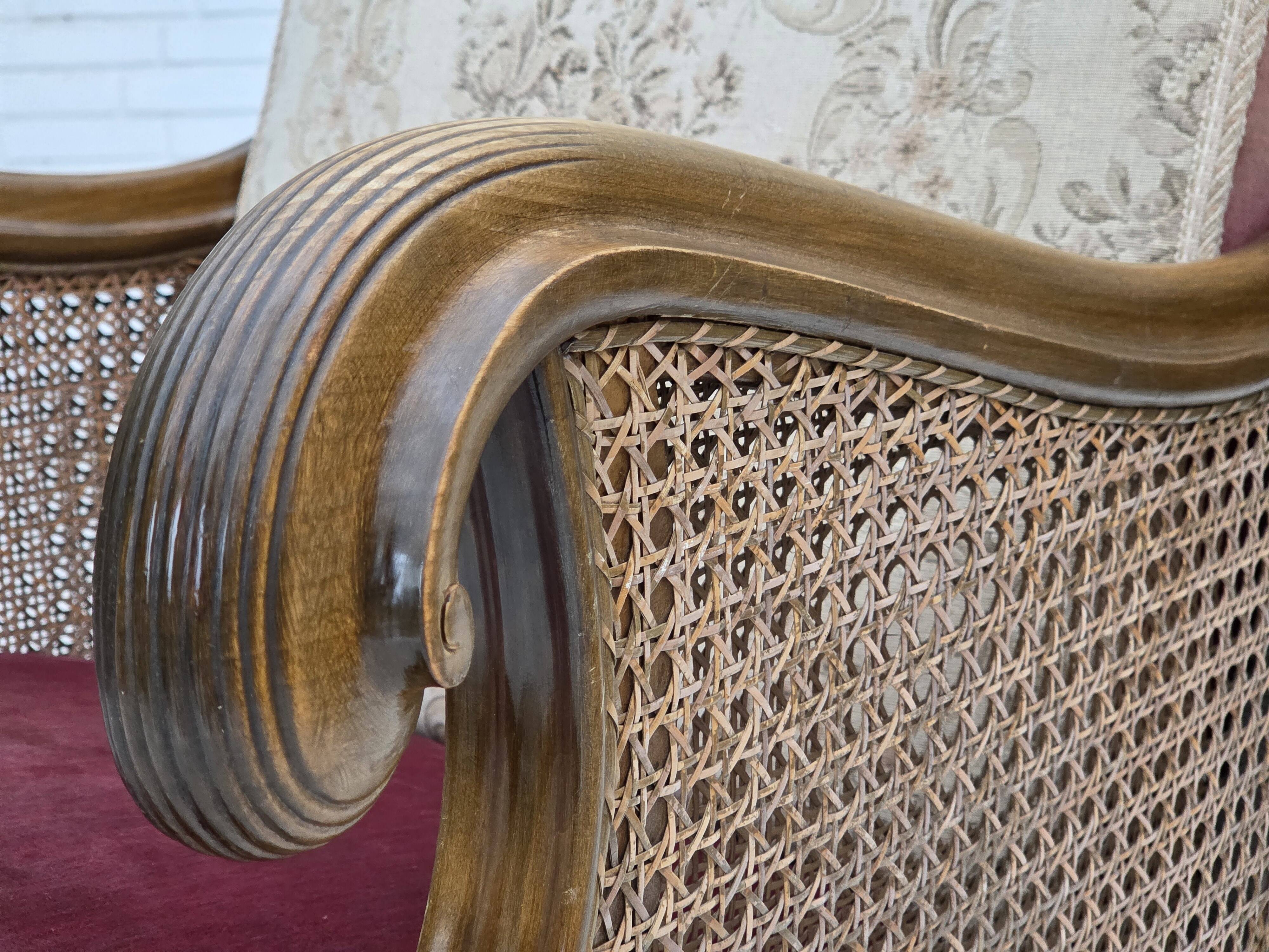 1940s, Danish armchair, woven wool, velour, mesh, carved oak wood.