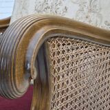 1940s, Danish armchair, woven wool, velour, mesh, carved oak wood.