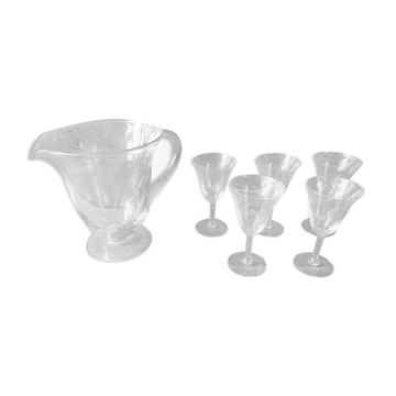 Ancien service pichet et 5 verres a pied en verre gravé art de table vintage