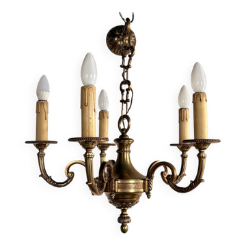 Lustre en laiton doré à 5 bras, esprit Louis XVI