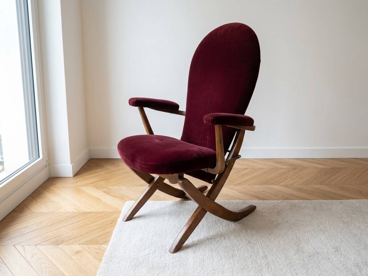 Vintage 1970s adjustable armchair in burgundy velvet.
