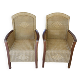2 rattan and wood armchairs