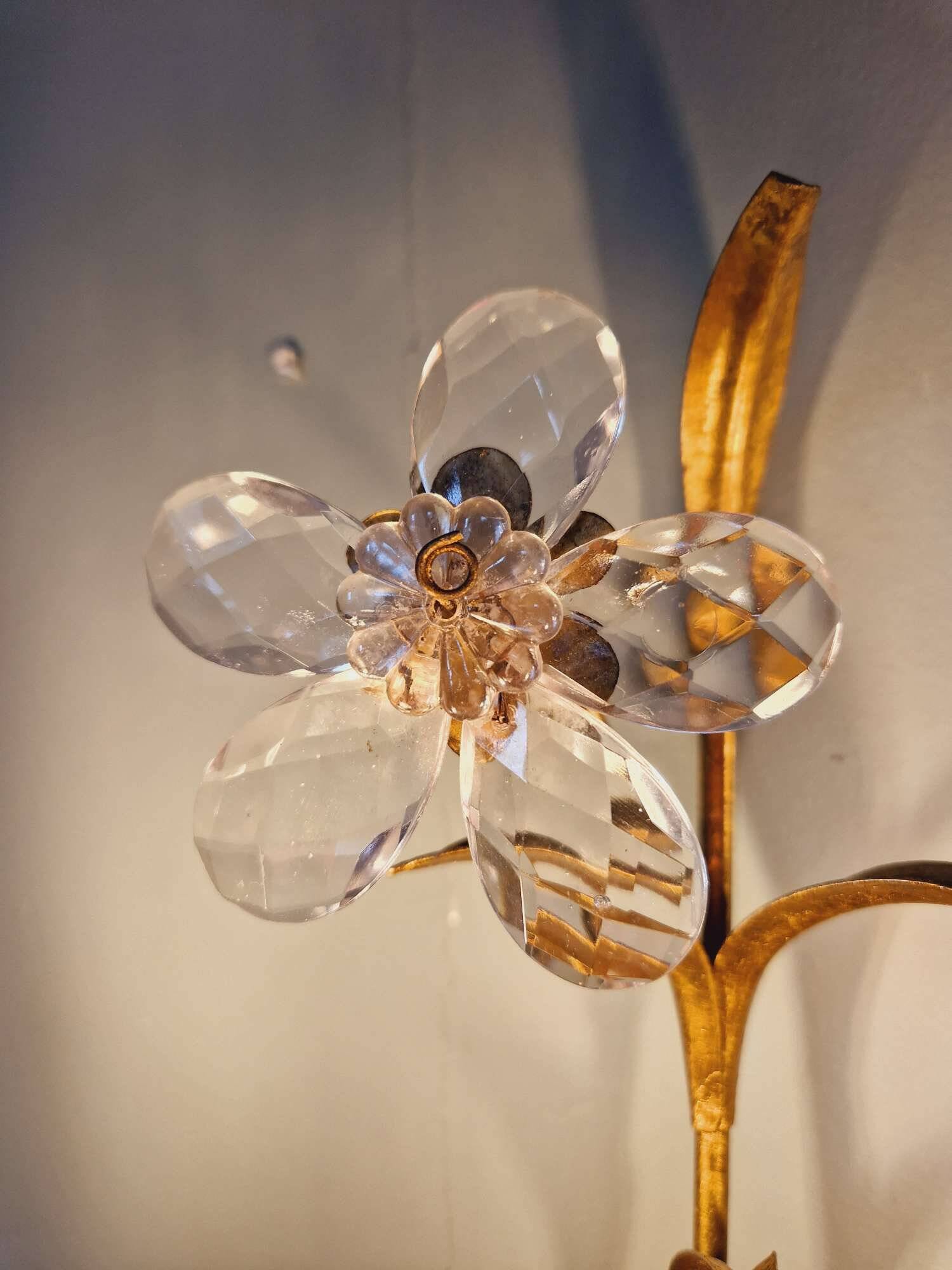 Pair of Italian wall sconces in gilded metal and crystal, 1970s