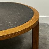 Vintage round textured slate and solid oak coffee table, France, 1970s