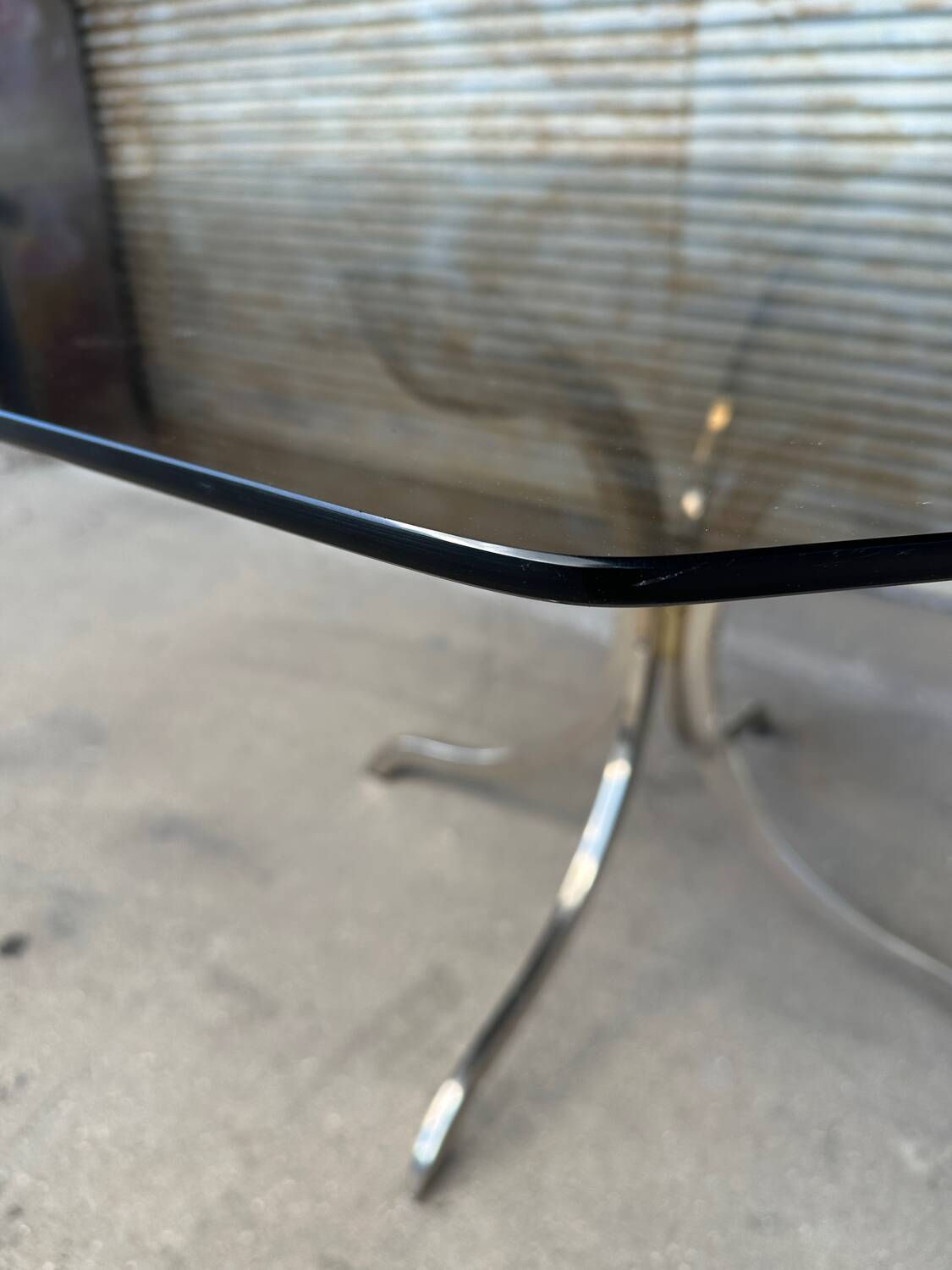 1970s table – chrome, brass, and smoked glass