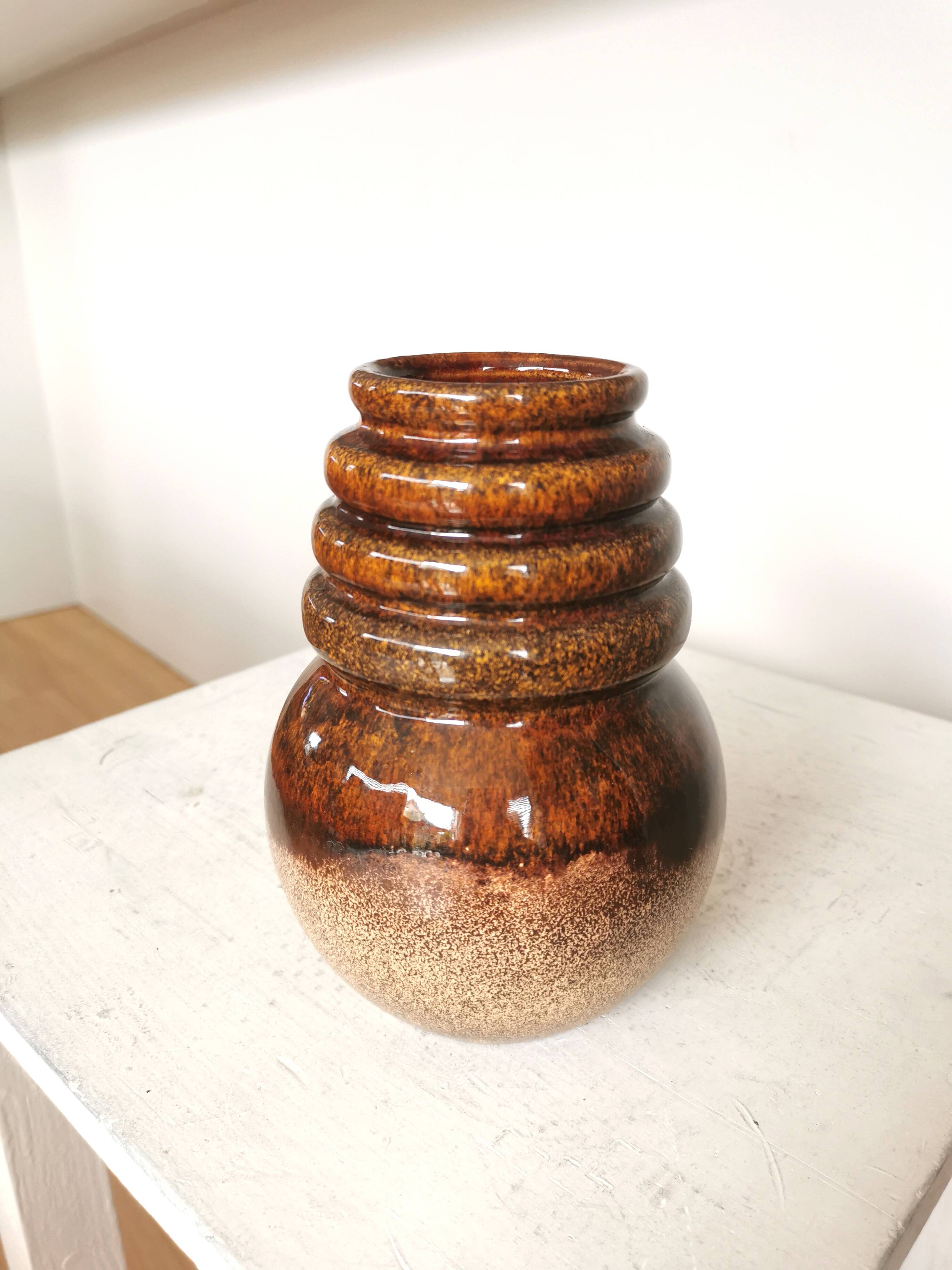 Vintage Fat Lava Vase: West German Brown Glazed Ceramic, Retro Boho Decor