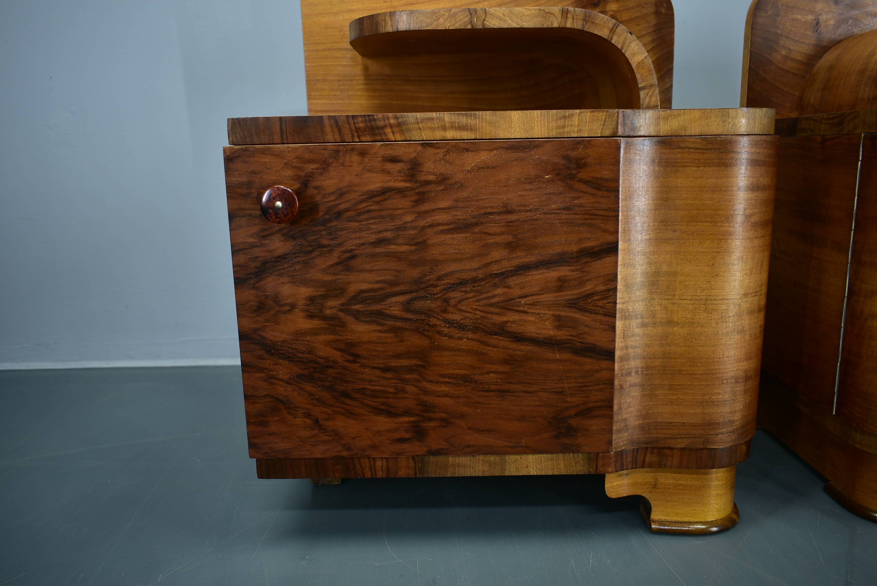 1930s Art Deco nightstands in walnut finish, Czechoslovakia