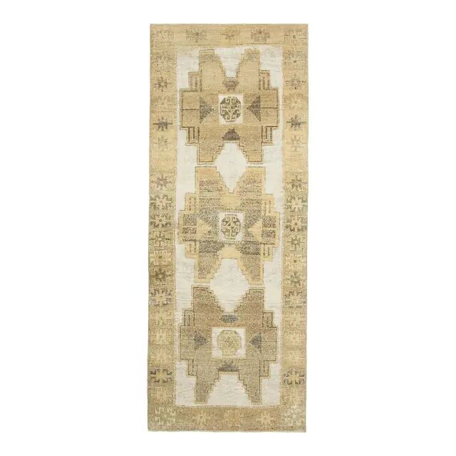 1970s Turkish Hand-Knotted Wool Cotton White Runner Rug 120X314
