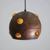 Large, globular brutalist hanging lamp in copper / glass by Peill & Putzler