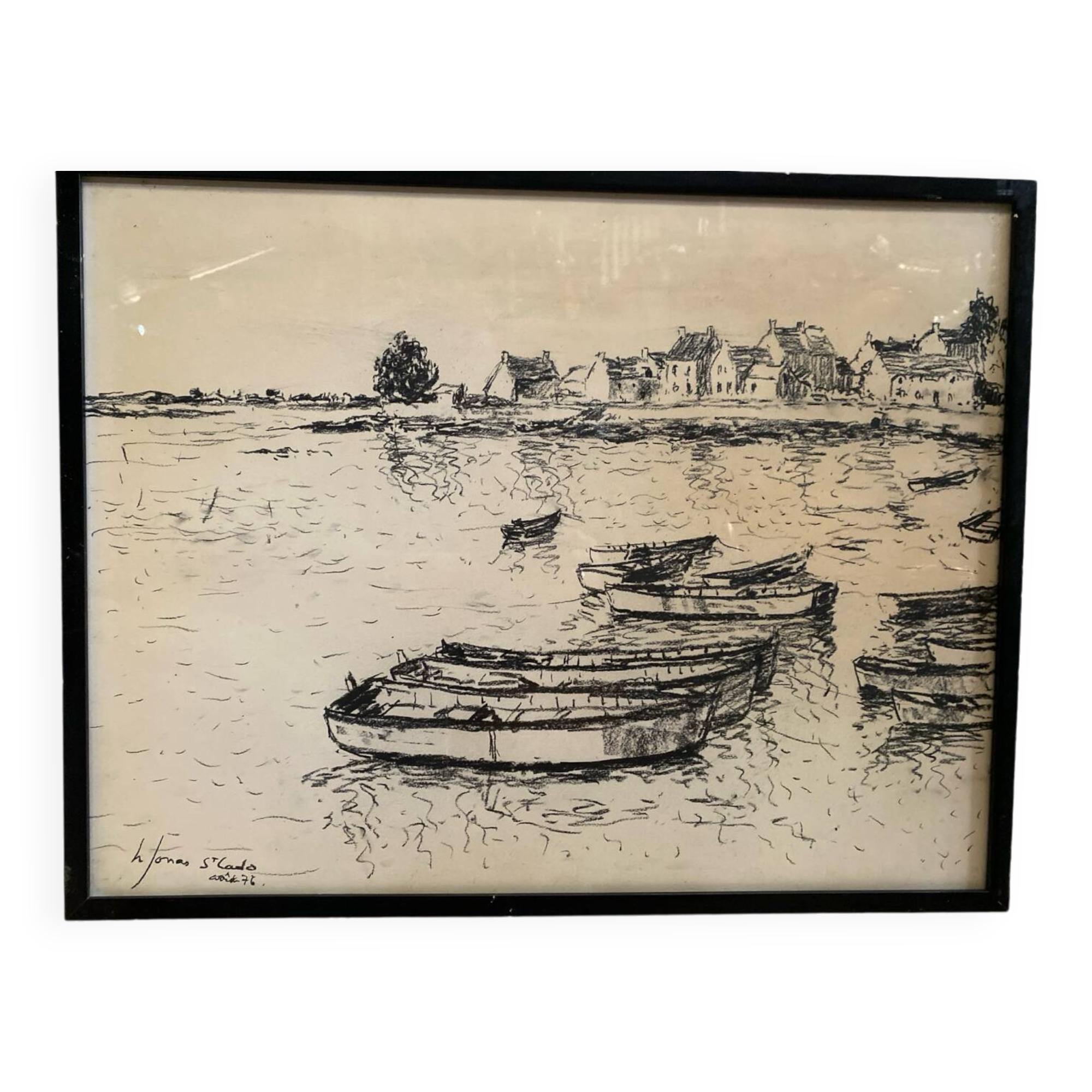 Old charcoal lithograph h. jonas st carlo august 76 + black wood frame