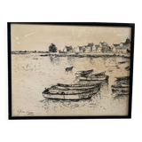 Ancienne lithographie fusain h. jonas st carlo août 76 + cadre bois noir