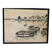 Old charcoal lithograph h. jonas st carlo august 76 + black wood frame
