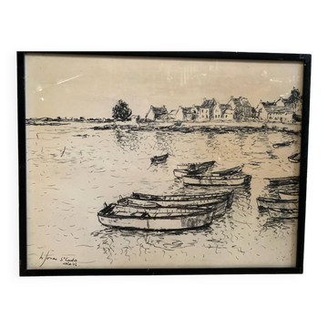 Ancienne lithographie fusain h. jonas st carlo août 76 + cadre bois noir