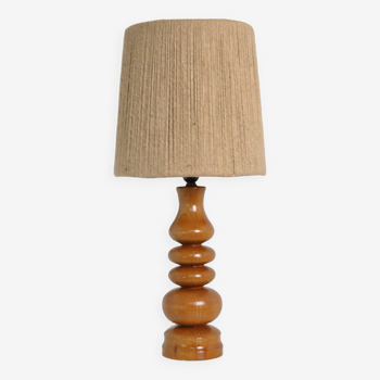 Lampe bois abat jour corde 1970