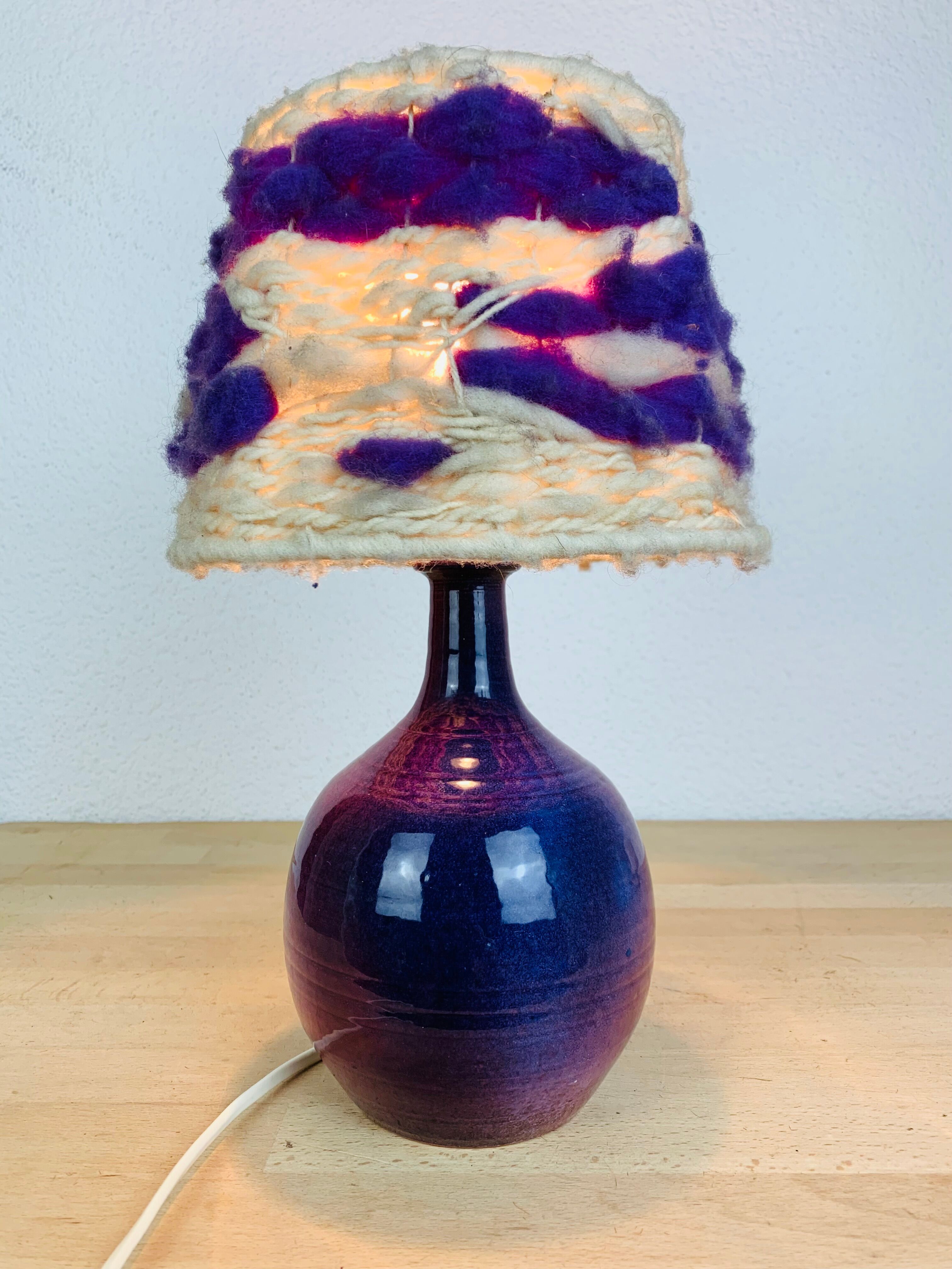 Purple ceramic lamp and wool lampshade 70s