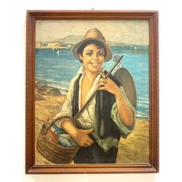 Oil painting, G. De Curtis, signed canvas, young Italian fisherman, late 20th century