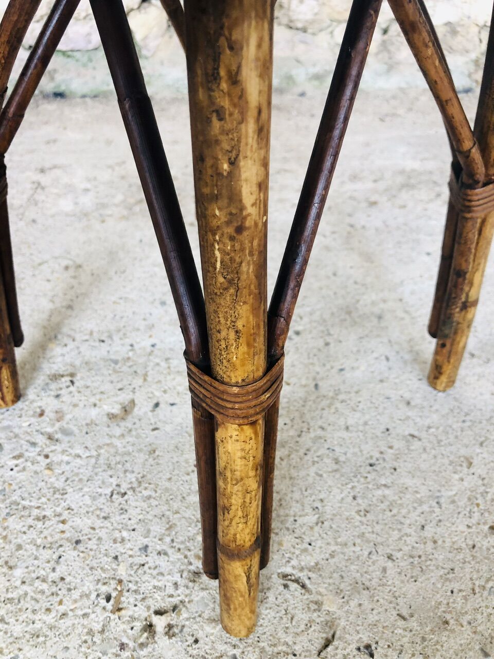 Round rattan bamboo side table, 60s