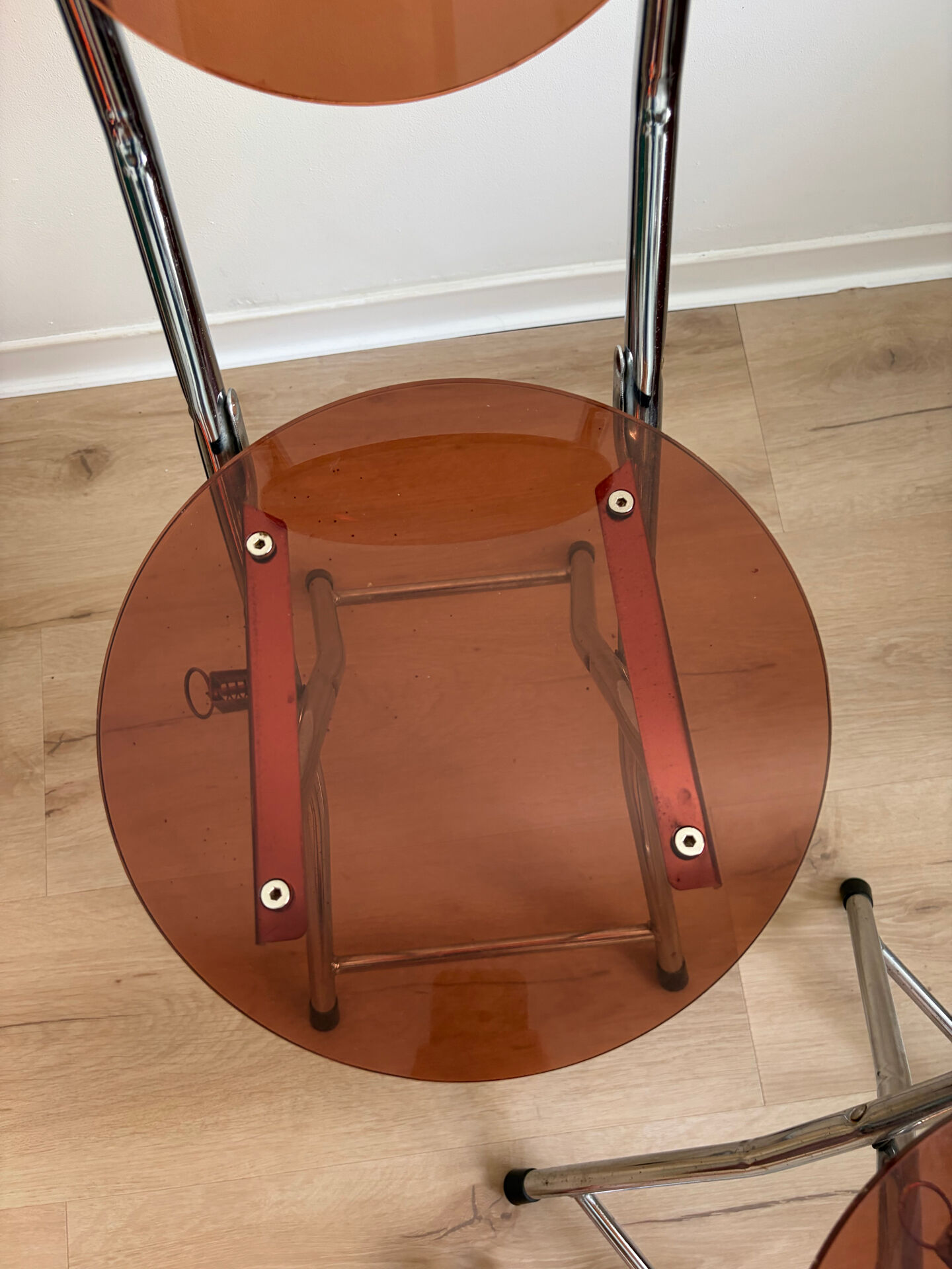 2 folding chairs Space Age plexiglass/steel round back/seat 1980s