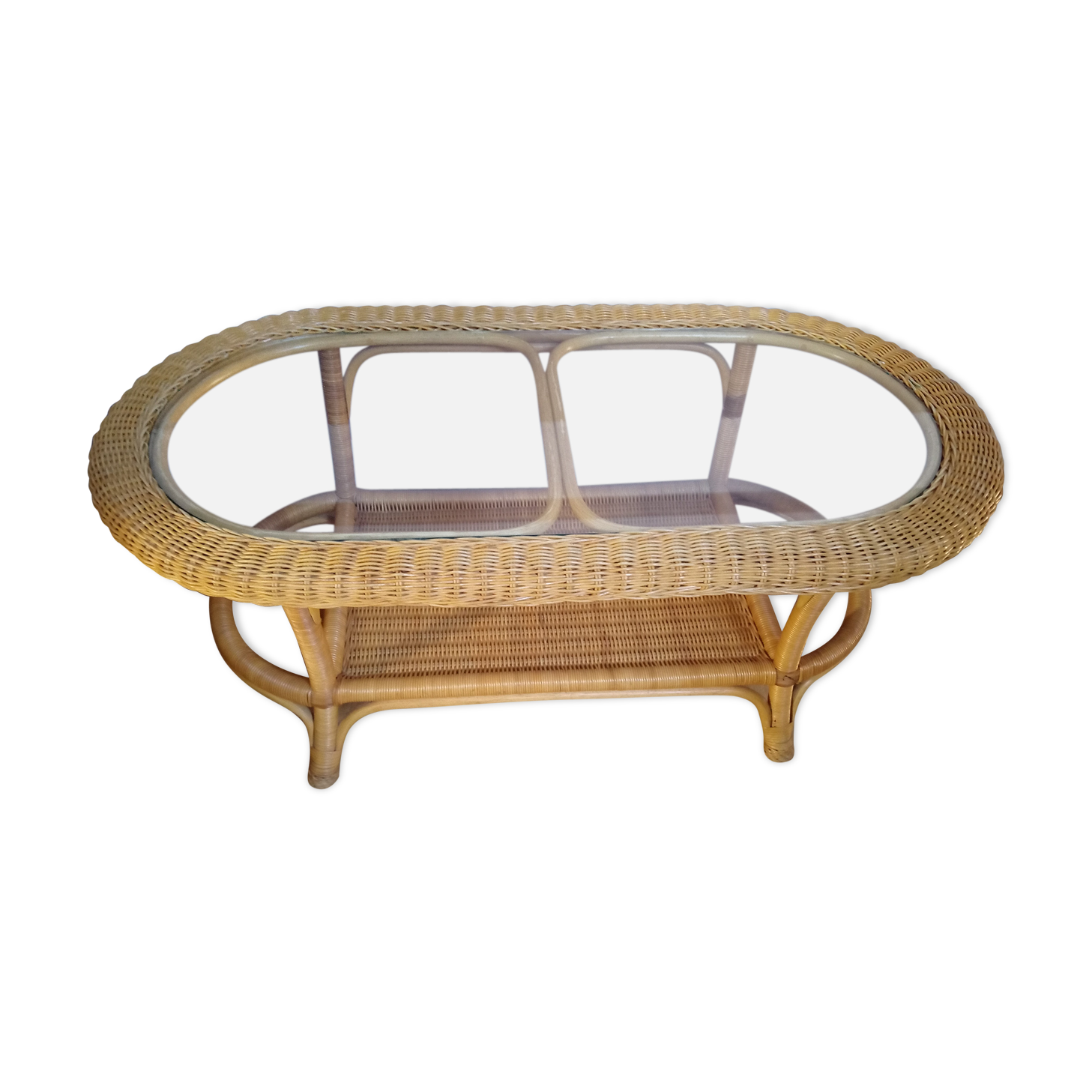 Vintage wicker coffee table and transparent glass tray