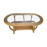 Vintage wicker coffee table and transparent glass tray