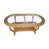 Table basse vintage en osier et plateau en verre transparent