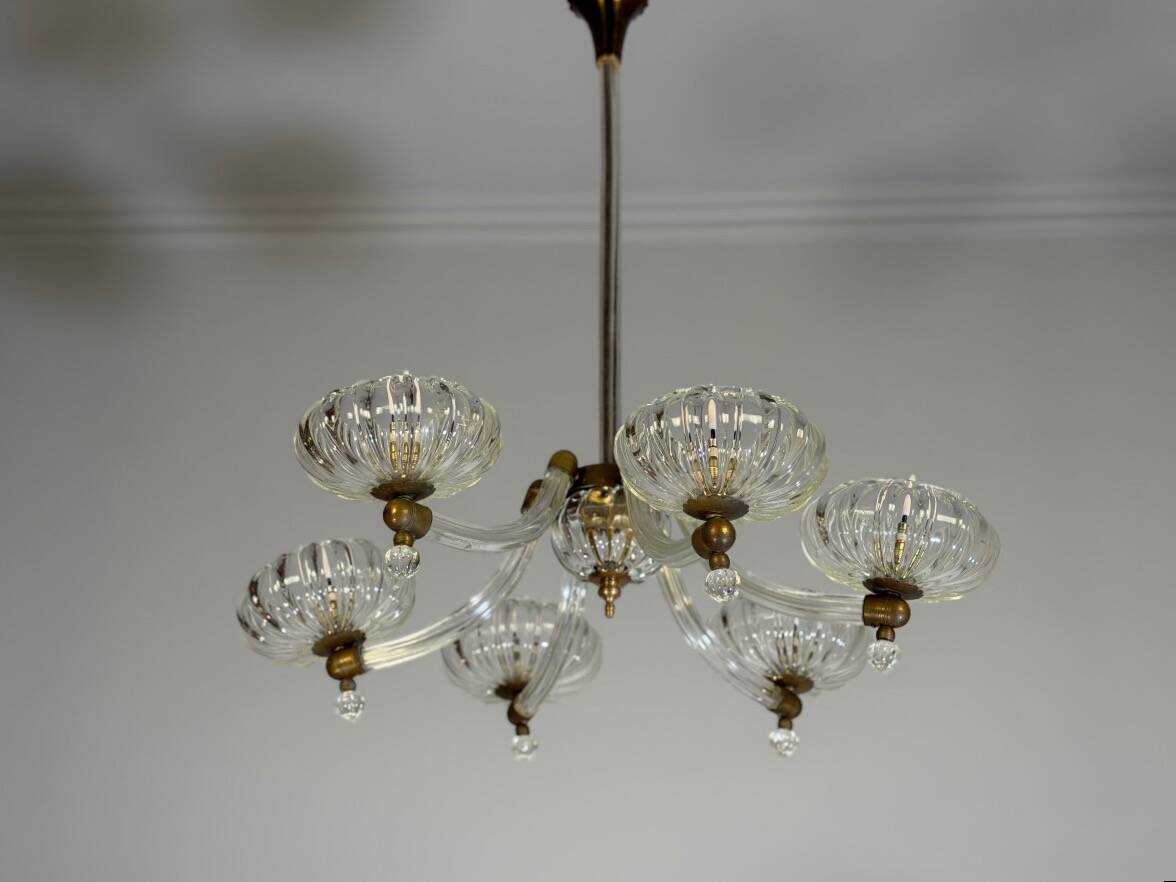 Lustre vénitien en verre de Murano et laiton, vers 1950