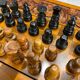 Chess and backgammon set in carved wood and marquetry