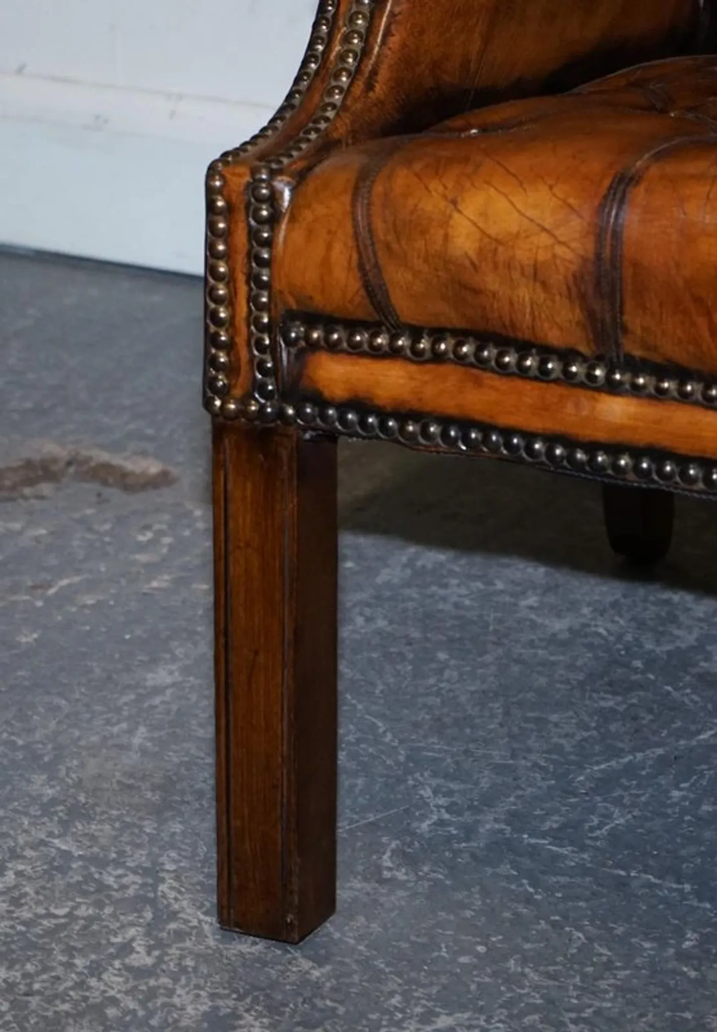 Chesterfield Wingback Armchair Set in Hand-Dyed Brown Leather, 1960s