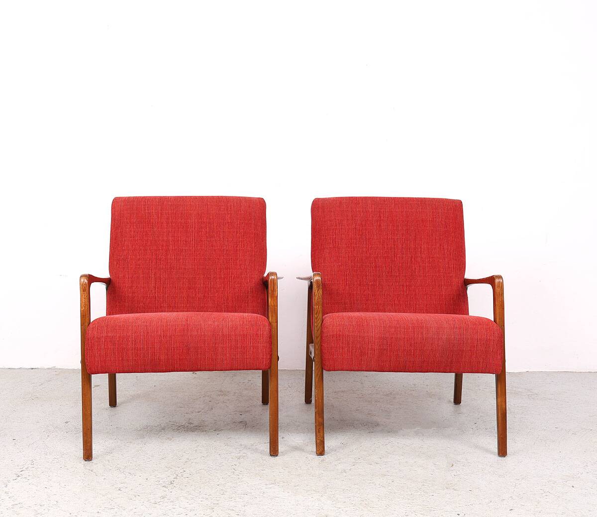 Danish vintage design wooden armchairs with coral fabric, 1950s