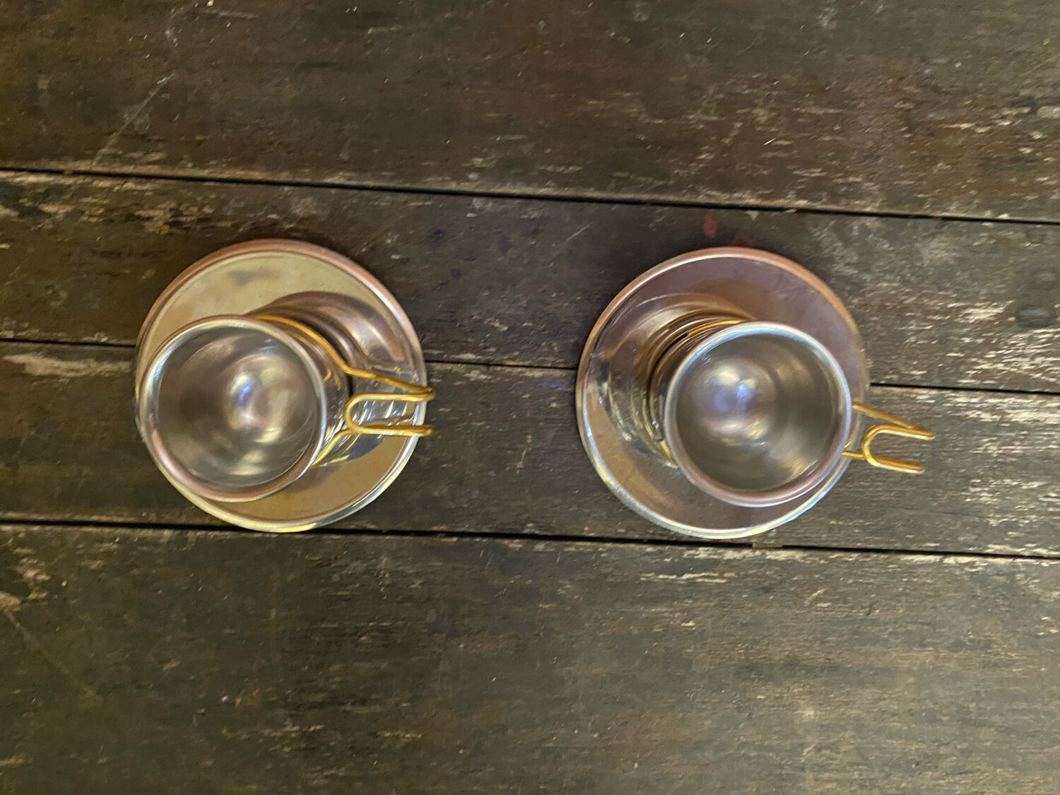 Old Pair of Stainless Steel Cup + Golden Metal Handle Made in ITALY Vintage #D46