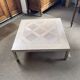 Square coffee table – Oak parquet Versailles pattern – Stainless steel base