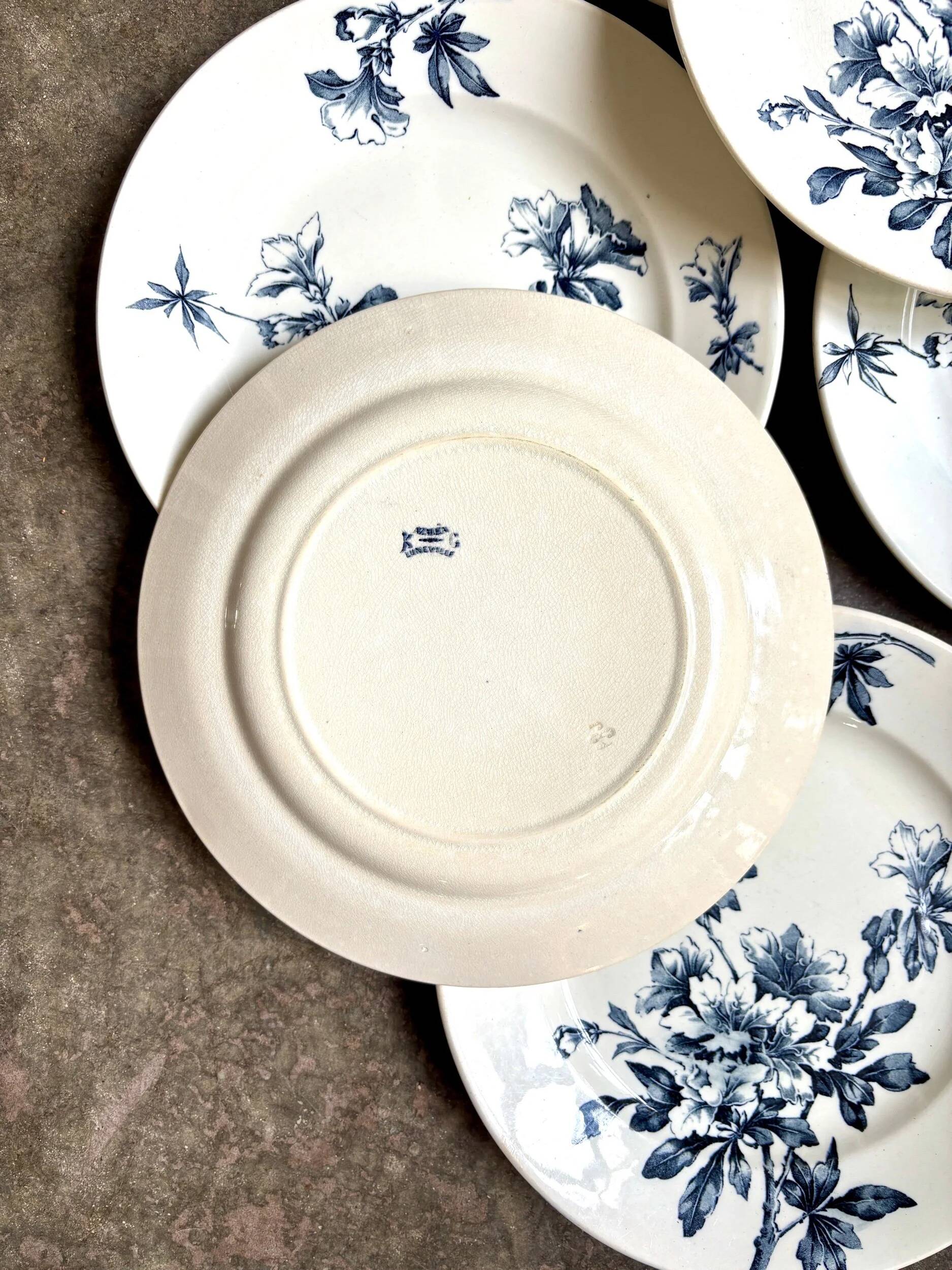 6 Lunéville flat plates in blue ironstone, "Azaléa" service
