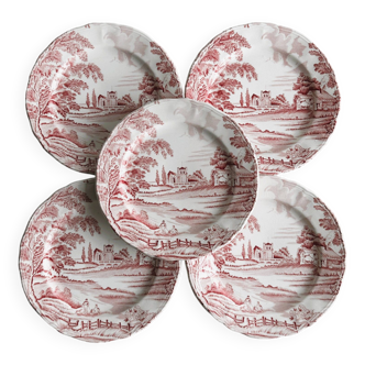 5 old Lunéville English Style red dessert plates.