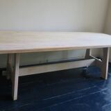 Large farmhouse trestle table in limed oak, 1940s-50s