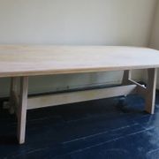 Large farmhouse trestle table in limed oak, 1940s-50s