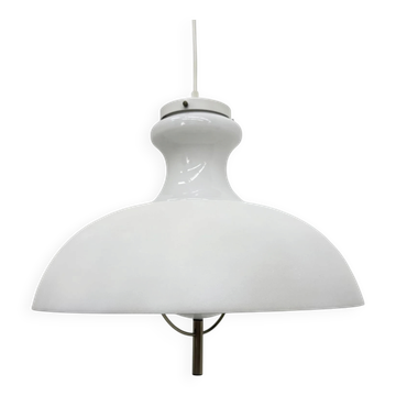Vintage glass hanging lamp with metal shade minimalist design, 1970s