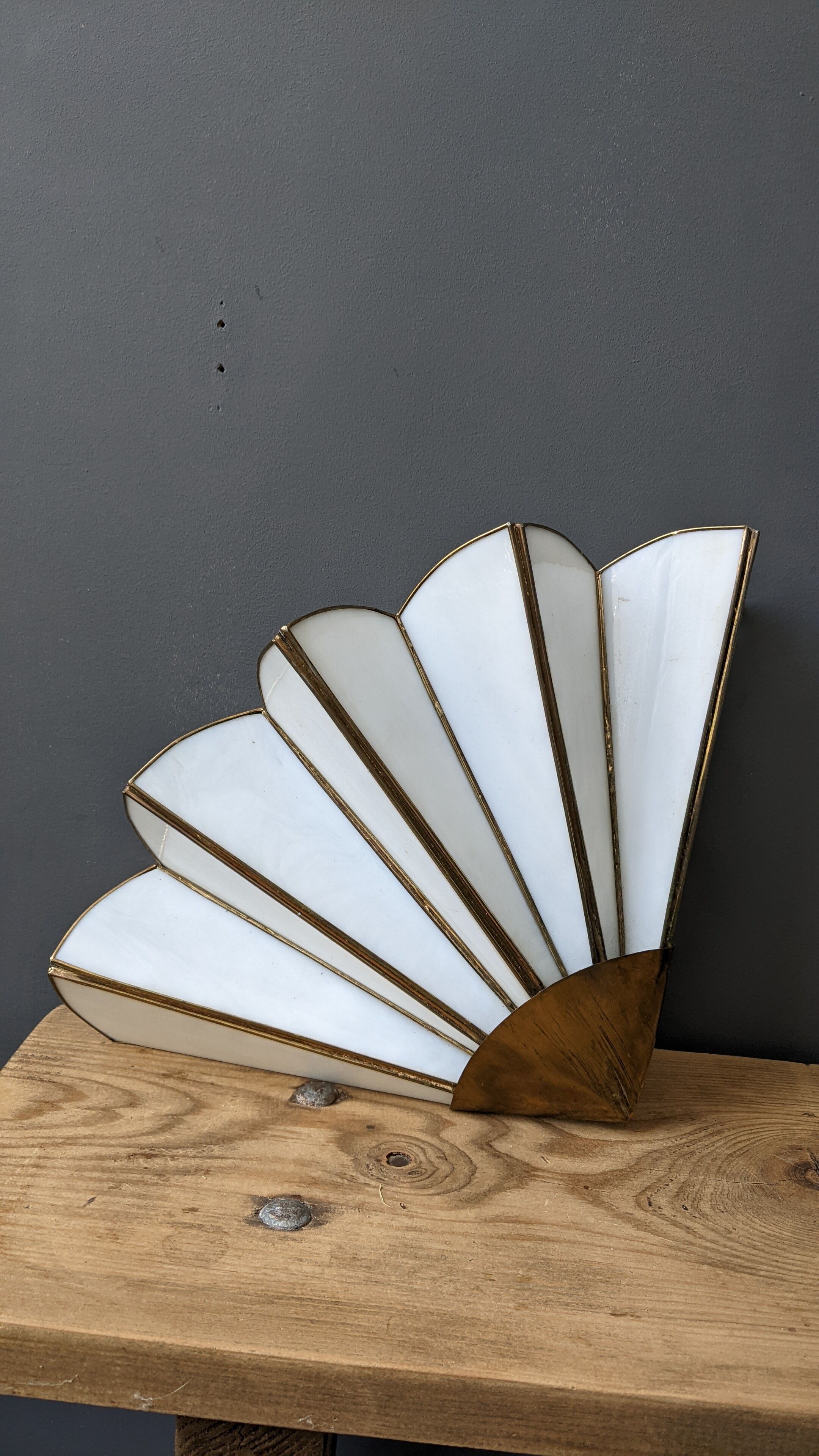 Pair of mother-of-pearl and brass fan wall lamps