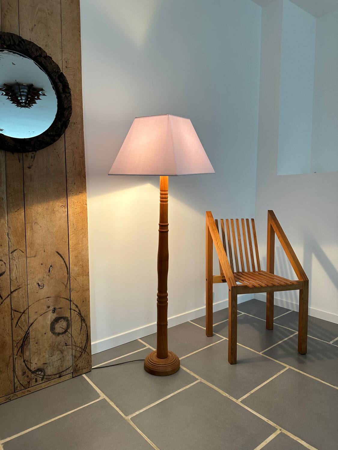Modernist blond oak floor lamp