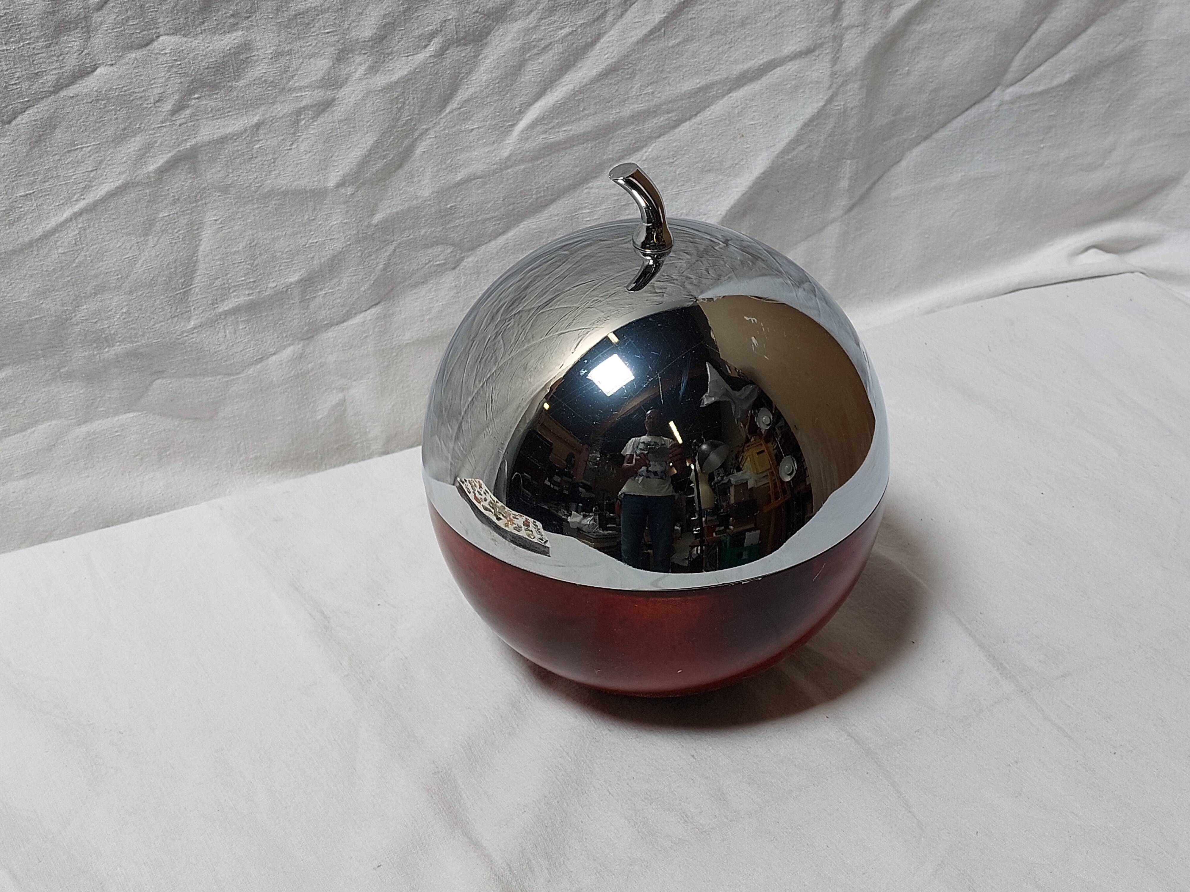 Ice bucket in the shape of an apple, chrome metal and red Bakelite, France, 70s