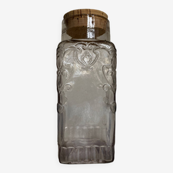 Pressed glass jar with cork stopper relief circa 1900