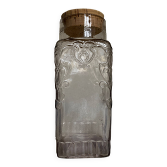 Pressed glass jar with cork stopper relief circa 1900