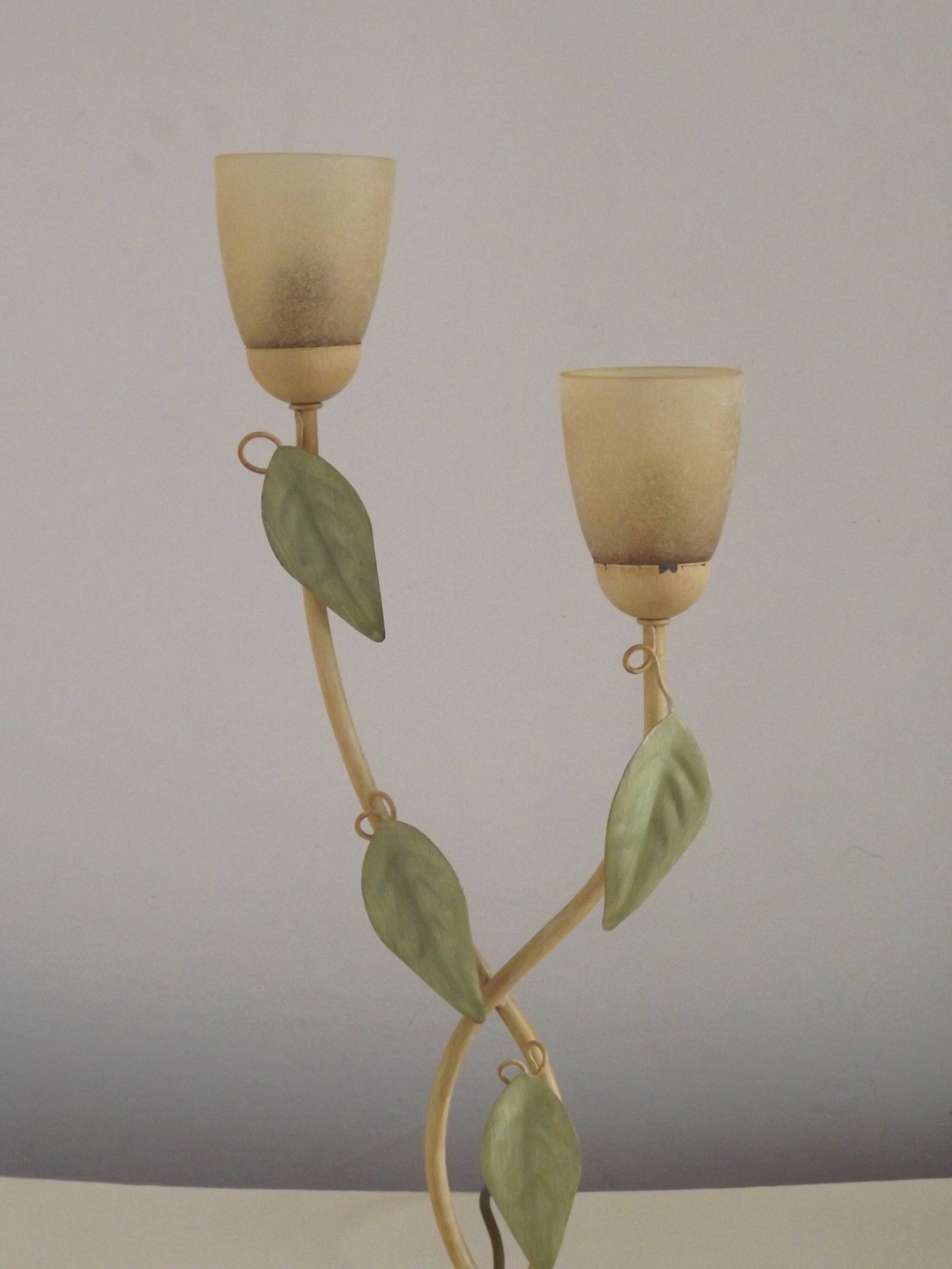 Vintage Italian Double Light Table Lamp Green Leaves Glass Shades