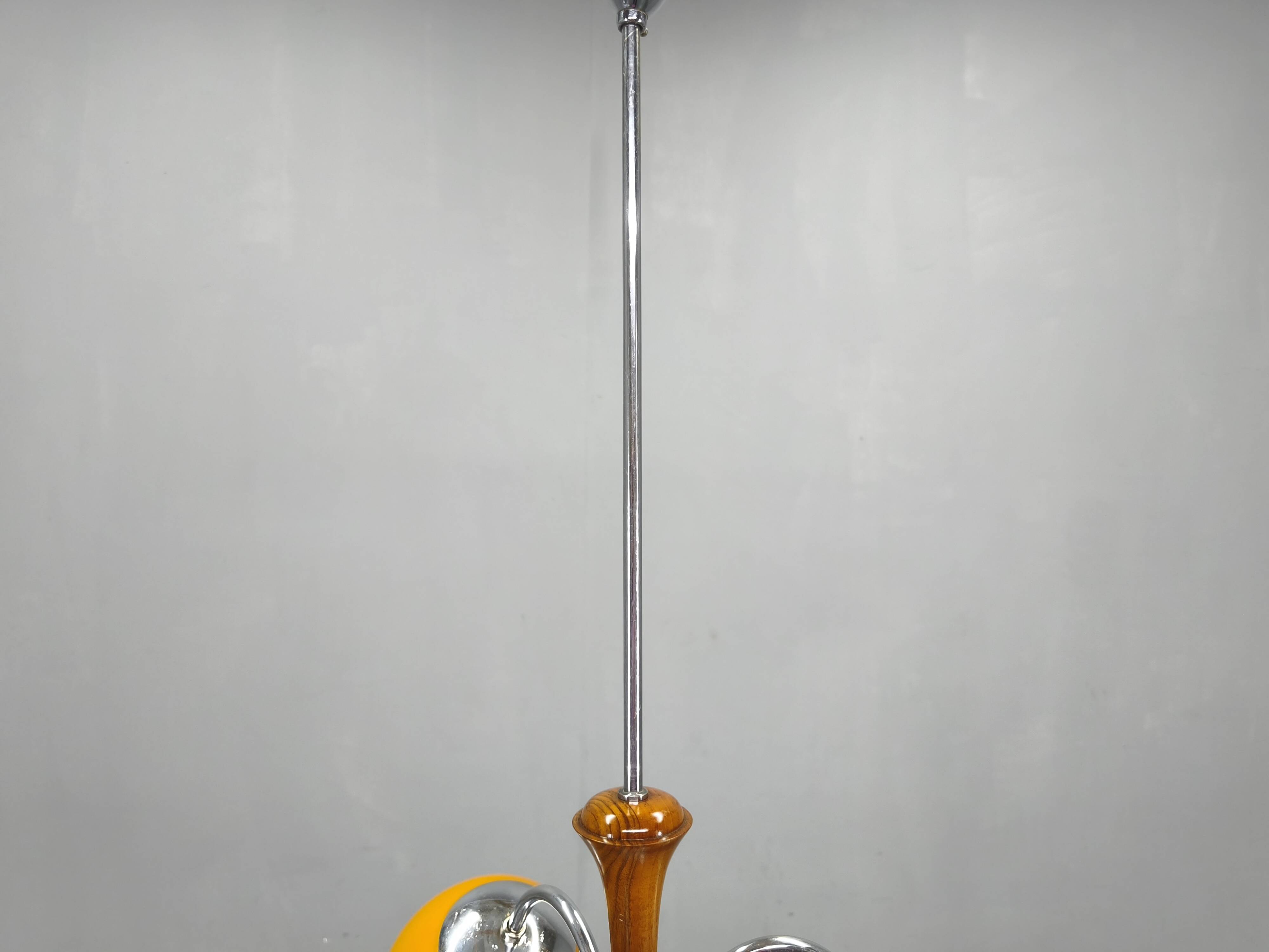 Bauhaus Chandelier with Colored Glass Globes, Czechoslovakia, 1930s
